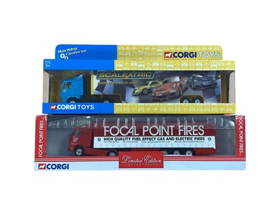 Lot Corgi 1:64 scale diecast articulated lorries including Scania Scaletric race team trailer ~ TY86644Volvo The White Stuff curatinside, Volvo Focal Point Fires curatinside ~ TY86704, Volvo Waitros...