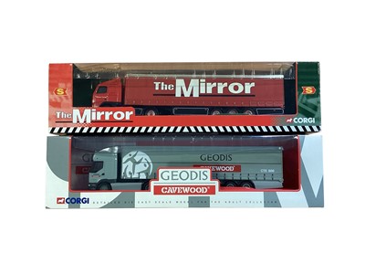 Lot Corgi 1:64 scale diecast articulated lorries including Renault Geodis Cavewood Curtainside 59557, Volvo Firecraft box trailer, Volvo The Mirror Curtainside ~ CC86702 & Volvo United Glass Cu...