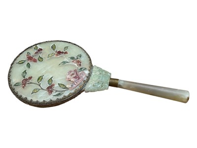 Lot 5071 - Chinese jadeite hand mirror with applied hardstone foliage, 26cm long