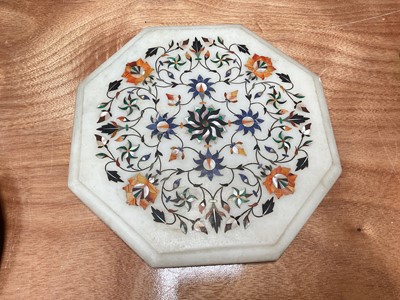Lot 5019 - Indian octagonal alabaster plaque with inlaid stone foliate design, 31cm wide