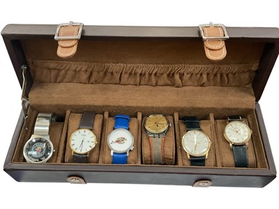 Lot 901 - 14ct gold cased Pronto wristwatch and 9ct gold cased Roidor wristwatch, both on leather straps, together with four other watches including Rotary and Swatch, in a six division watch holder case