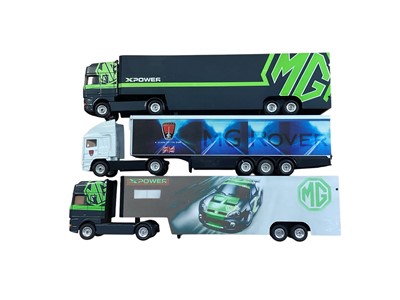 Lot Corgi 1:64 scale diecast articulated lorries including DAF MG X Power racing team trailer (two versions) & ERF MG Rover box trailer (unboxed previouly displayed) (3)