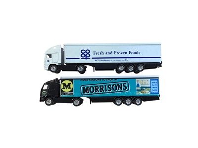 Lot Corgi 1:64 scale diecast articulted lorries including Volvo Morrisons curtainside, Volvo B & Q curtainside, Scania Securicor Omega Express curtainside, Scania Safeway curtainside, DAF Firest...