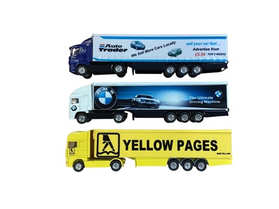 Lot Corgi 1:64 scale diecast articulated lorries including Scania Auto Trader Curtainside, Scania Lea & Perrins Curtainside, DAF Yellow Pages box trailer, Renault Whiskas box trailer, ERF BMW bo...