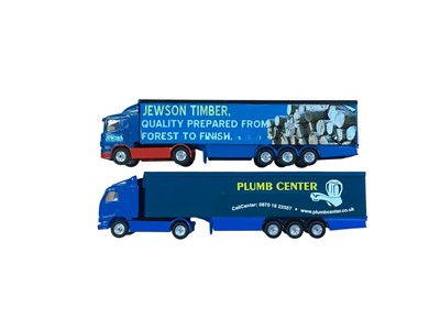 Lot Corgi 1:64 scale diecast articulated lorries including Scania Jewson Timber Curtainside, DAF Bosch Curtainside, ERF Sony Electronics box trailer, Volvo Zannusi box trailer, Volvo Continental box...