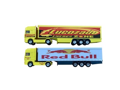 Lot Corgi 1:64 scale diecast articulated lorries including Scania Perrier Curtainside, DAF Red Bull curtainside, DAF Lucozade box trailer, Renault Orangina curtainside, ERF Pepsi box trailer, Volvo...