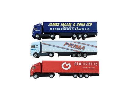 Lot Corgi 1:64 scale diecast articulated lorries including DAF Prima curtainside, Volvo Geologistics curtainside, ERF HGV Recruitment box trailer, ERF Bell's box trailer, Scania Fergusons curtainsid...
