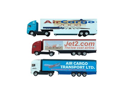 Lot Corgi 1:64 scale diecast articulated lorries including ERF Air Cargo 2008 box trailer, ERF Jet2 box trailer, DAF Air Cargo Transport box trailer, DAF rigid truck Pickfords & close couple tra...