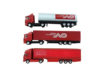 Lot Corgi 1:64 scale diecast articulated lorries including Renault Mrs Bathgate curtainside, Scania Norbert Dentressangle Curtainside, Scania Norbert Dentressangle tanker, Volvo Norbert Dentressangl...