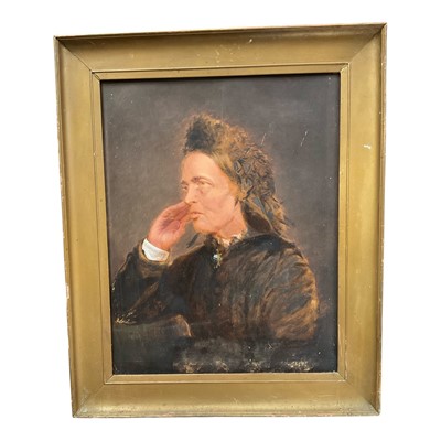 Lot 1122 - Late 19th century overpainted photographic portrait of a lady, 50 x 40cm, framed, together with a sepia photograph and a 19th century watercolour. (3)