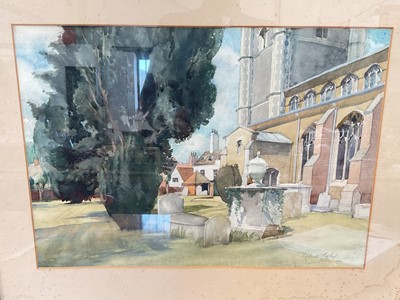 Lot 5149 - Group of pictures, including a watercolour of a churchyard, 19th century engravings, etc