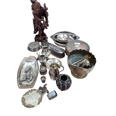 Lot 5040 - Japanese root carving, Middle Eastern silvered metal bowl and cover and Indian brass rose bowl, etc