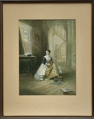 Lot 86 - George Goodwin Kilburne (1839 - 1924) watercolour, Lady with a Lute, signed, 32cm x 24cm, in glazed frame.
