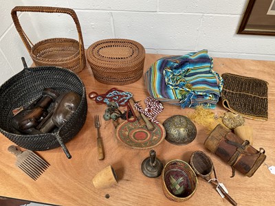 Lot 5108 - Group of African tribal items, including beadwork, baskets, wooden carvings, etc