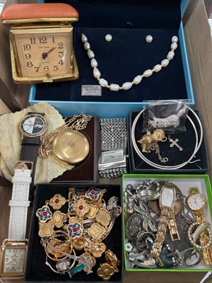Lot 903 - Group of costume jewellery, watches, Jean Pierre gold plated full hunter pocket watch with chain in box, coins etc