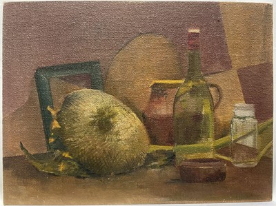 Lot 15 - Ena I. Cox, oil on board, Green Bottle and Sunflowers, 30.5cm x 40.5cm, unframed