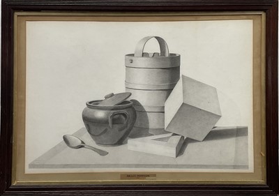 Lot 33 - British School, 1901, graphite, Still Life - Objects on a table, for assessment at The Royal Academy Schools, impressed ESK (examined South Kensington), 47.5cm x 71cm, in glazed frame.