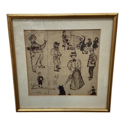 Lot 5138 - French pen cartoon, signed indistinctly and dated 1900, 17.5cm x 16.5cm