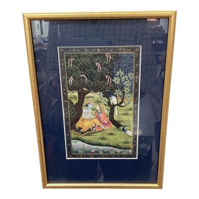 Lot 5140 - Indian gouache painting of figures in a garden, 20cm x 13cm
