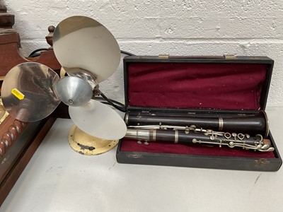Lot 5125 - Sundry items, including a Console clarinet, vintage enamel desk fan, Vienna style wall clock, and a china service