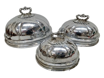 Lot 5121 - Victorian set of graduated silver plated meat covers By Shaw & Fisher of Sheffield, patent marks inside, the largest 36cm wide