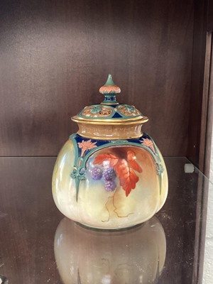 Lot 5064 - Royal Worcester jar and pierced cover, shape 175, painted with blackberries, dated 1909, 11.5cm high