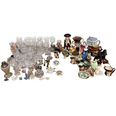 Lot 5046 - Group of cut glass, Doulton figures, Toby jugs, silver topped glass vase etc