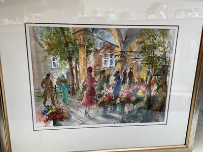 Lot 5097 - Group of pictures, including a Kate Davie watercolour of a flower market