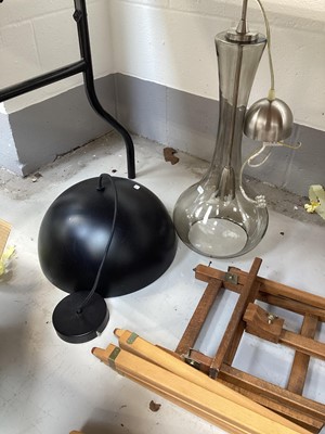 Lot 5103 - Two hanging wall lights, two easel stands, stool and a box of fabrics