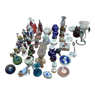 Lot 5043 - Group of decorative ceramics and glass to include enamel boxes, Dresden figures etc