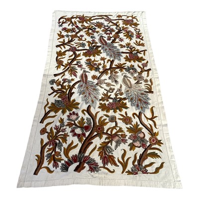 Lot 5181 - 1930s hand stitched crewel work full length curtain decorated with exotic flowers and peacocks