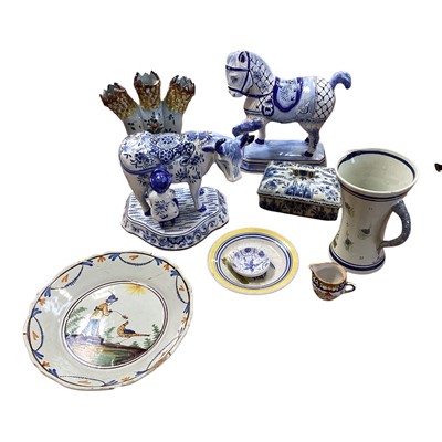 Lot 5006 - Group of delft ware, including a figure gruop of a cow being milked, a figure of a horse, a Quimper jug, etc