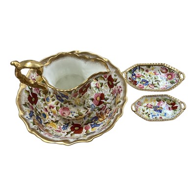 Lot 5018 - Antique Hammersley & Co bone china jug and basin set with two trinket trays, hand painted and gilded over a transfer with a rich floral decoration