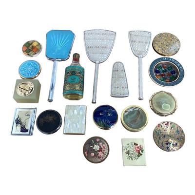 Lot 5008 - Collection of powder compacts, bottle of 4711 cologne, and various dressing table items