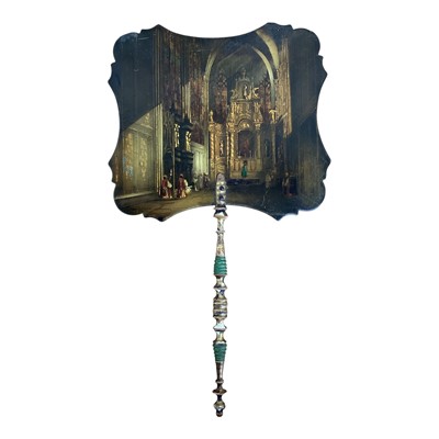 Lot 5011 - 19th century lacquered face screen hand painted and gilded with a view of Rouen Cathedral