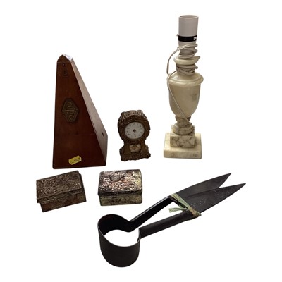 Lot 5106 - Box of old tools including sheep shears by Turner Naylors of Sheffield, and a French metronome by Maelzel Paquet
