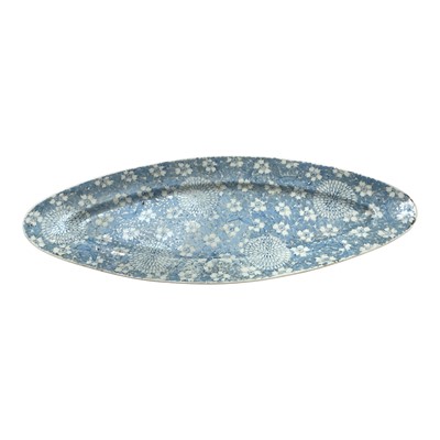 Lot 5010 - Antique Japanese oval porcelain dish hand painted with blue chrysanthemums, 41cm wide