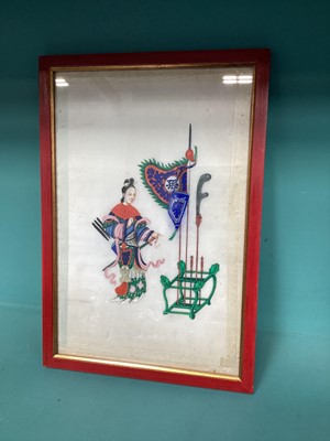 Lot 5080 - 19th century Chinese rice paper painting of a female figure standing next to a display of ceremonial swords and staffs, in red frame, the frame 38cm x 26.5cm