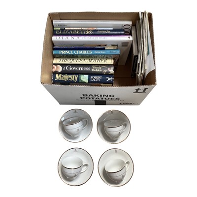 Lot 5086 - Box of books relating to the Royal Family together with four Golden Jubilee porcelain tea cups and saucers