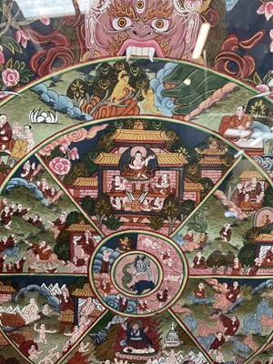 Lot 1120 - Tibetan painted thanka on cloth, approximately 37 x 28cm, in glazed frame