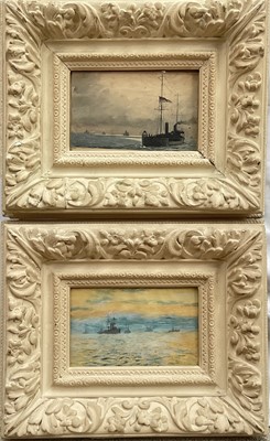 Lot 111 - Philip A Vickary, pair of watercolours, Marine scenes, one signed and dated 1919, 11cm x 18cm, in ornate painted frames. (2)
