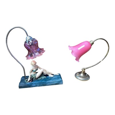 Lot 5146 - Art Deco style figural lamp with cranberry glass shade, together with another vintage desk lamp with pink shade (2)
