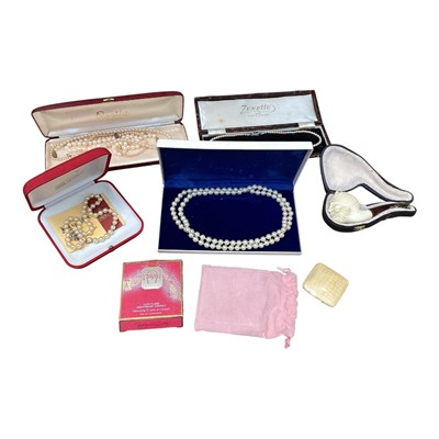 Lot 5179 - Sundry items, including powder compacts, simulated pearl necklaces, meerschaum pipe, etc