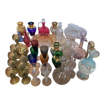 Lot 5076 - Group of antique and later glassware, including a Georgian tazza and tankard, Bohemian roemers, enamelled glass, etc