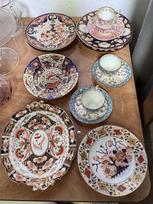 Lot 5075 - Group of Regency china, including a Spode trio with pink roses, two Minton cups and saucers, Imari plates, etc