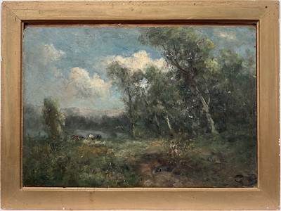 Lot 127 - Impressionist school, oil on board, Figure and Cows in a Landsape, initialled J B, 23.5cm x 34cm, framed.