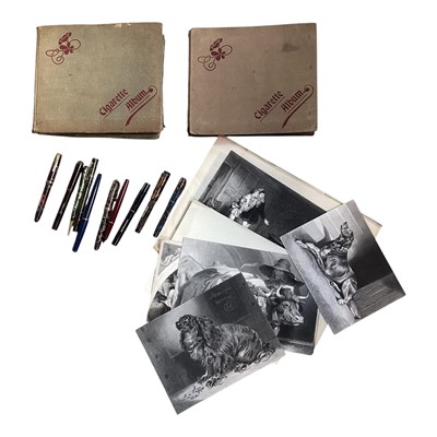 Lot 5073 - Group of antique fountain pens, some with gold nibs, cigarette cards and others