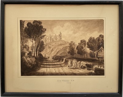 Lot 287 - Manner of J. M. Turner, sepia watercolour - St. Catherine's Hill, Guildford, note verso suggests this is by J. Cowling from an engraving after Turner