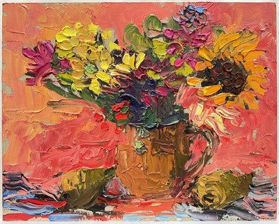 Lot 238 - Annelise Firth (b. 1961) oil on board - Still Life Dahlias & Pear, signed, dated 2025 and titled verso, 24cm x 30cm, unframed