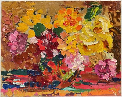 Lot 237 - Annelise Firth (b. 1961) oil on board - Still Life Dahlias, signed, dated 2025 and titled verso, 24cm x 30cm, unframed
